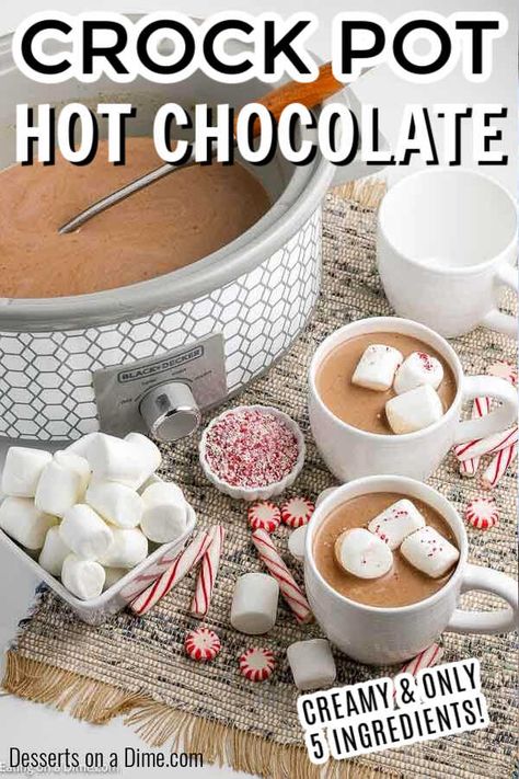 Crock pot hot chocolate recipe is rich and creamy with just 5 simple ingredients. Serve this decadent drink for parties, Christmas and more! Crock pot hot chocolate recipe is the best drink for a crowd and so easy in the slow cooker. Serve homemade hot cocoa for the holidays. #eatingonadime #crockpothotchocolate #RecipeSlowCooker #Foracrowdeasyrecipes #easyfast #withpackets #cocoapowder Homemade Hot Chocolate Crockpot, Crock Pot Hot Chocolate Recipe, Crock Pot Hot Chocolate, Hot Chocolate Ingredients, Hot Chocolate Recipe Homemade, Crockpot Hot Chocolate, Fall Backyard, Homemade Hot Cocoa, Chocolate Recipes Homemade