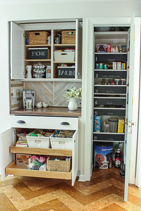 Pantry Reveal with Coffee Bar and Hidden Wine Storage - Pretty Handy Girl Pantry Breakfast Bar, Turn Pantry Into Coffee Bar, Small Pantry With Coffee Station, Closet Beverage Station, Enclosed Coffee Bar, Dry Bar With Pantry Cabinet, Closet Converted To Coffee Bar, Built In Coffee Bar And Pantry, Pantry Converted To Coffee Bar