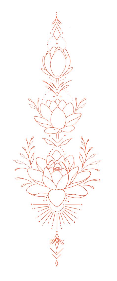 Boho Lotus Flower Tattoo, Lotus With Mandala Tattoo, Thigh Tattoos Line Art, Hindu Flower Tattoo, Side Neck Tattoo Stencil, Lotus And Mandala Tattoo Design, Line Stencil Tattoo, Lotus With Vines Tattoo, 3 Lotus Flower Tattoo