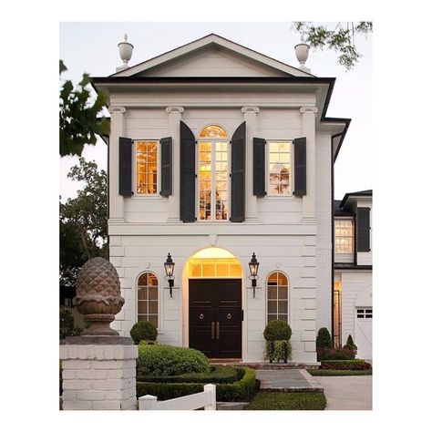 Let’s do this Monday! Love this gorgeous Houston home designed by @ikekligermanbarkley 🙌🏻 #julierootesinteriors #sanfranciscointeriordesign White House With Black Shutters, House With Black Shutters, French Home Exterior, Black Shutters, House Facade, Casa Country, Casas Coloniales, Design Exterior, French House