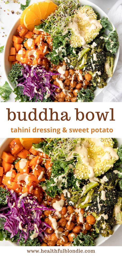 A flavorful and easy sweet potato buddha bowl recipe! This vegan, healthy, and delicious meal is made with roasted sweet potatoes, crispy chickpeas, charred broccoli, fresh kale, and a homemade creamy tahini dressing. Ready in under 30 minutes, these buddha bowls are perfect for dinner, lunch, and meal prep. #HealthyLunchRecipe #HealthyRecipes #BuddhaBowls Sweet Potato Buddha Bowl, Potato Buddha Bowl, Charred Broccoli, Potatoes Crispy, Sweet Potato Bowls, Easy Sweet Potato, Homemade Tahini, Quinoa Sweet Potato, Buddha Bowls Recipe