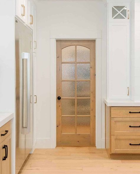 25 Glass Pantry Doors You'll Want to Add to Your Kitchen Now - KnockOffDecor.com Glass Pantry Doors, Frosted Glass Pantry Door, Pantry Lighting, Wooden Pantry, Sliding Pantry Doors, Kitchen Pantry Doors, Glass Pantry, Glass Pantry Door, Farmhouse Pantry