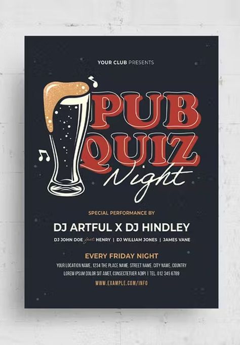 Quiz Night Poster, Quiz Poster, Night Poster Design, Pub Night, Christmas Quiz, Quiz Design, Pub Quiz, Street Names, Place Names