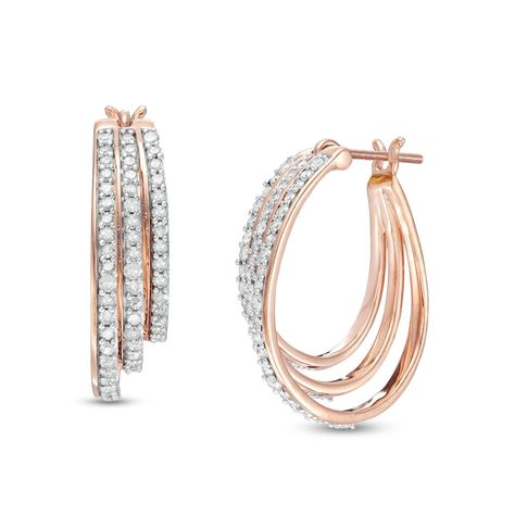 1 CT. T.W. Diamond Graduated Split Triple Row Hoop Earrings in 10K Rose Gold Multiple Hoop Earrings, Triple Hoop Earrings, Diamond Mangalsutra, Solitaire Earrings, Earring Designs, Bangles Jewelry Designs, Gold Jewelry Simple, Jewelry Simple, Gold Fashion Necklace