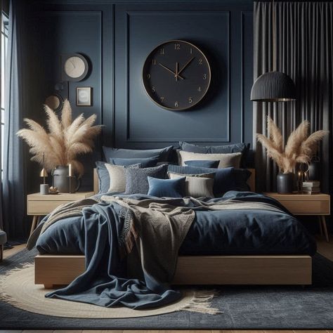 Dark Blue Bedroom Blue Black And Brown Bedroom, Cool Blue Bedroom Ideas, Charcoal Grey Bedroom Ideas Room Colors, Dark Navy Master Bedrooms Decor, Grey Blue Accent Wall Bedroom, Dark Blue Home Aesthetic, Blue Aesthetic Bedroom Decor, Blue Monochromatic Bedroom, Navy Blue Beige Bedroom