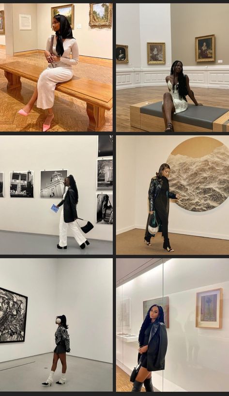 Collage of Black Women dressed up in museums Baddie Museum Outfit, Art Museum Aesthetic Poses, Museum Pose Ideas Aesthetic, Museum Night Outfit, The Getty Museum Outfit, Art Gallery Inspo Pics, Museum Aesthetic Black Women, Posing In Museum, Art Museum Photo Shoot