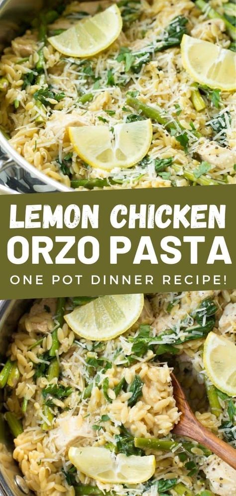 Lemon Chicken Orzo pasta is made with some of the freshest flavors of the season, including lemon, asparagus, Parmesan cheese and spinach! Everything cooks in one pot in under 35 minutes. Lemon Chicken Orzo Pasta, Orzo Recipes With Chicken, Asparagus Orzo, Orzo Dinner Recipes, Orzo Dinner, Chicken Orzo Pasta, Spinach Dinner, Asparagus Chicken, Recipes Asparagus