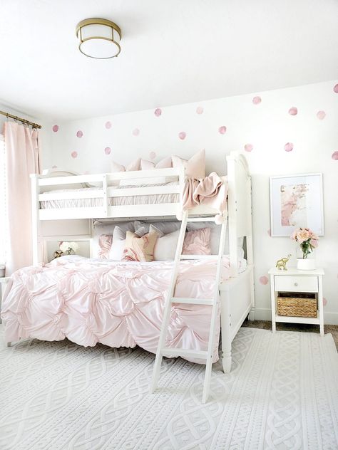 #whitealanedecor #ad #dorelliving @whitelanedecor Dorel Living @dorelliving Charlie Twin over Full Bunk Bed available on Costco.com @costco.  Vivienne Nightstands by Dorel Living available on Amazon.com @Amazon. White Twin Over Full Bunk Bed, Girls Bedroom Pink Bed, Full And Twin Bunk Bed Ideas, Full And Twin Bunk Bed, Bunk Bed Full And Twin, Sister Bunk Beds Bedroom Ideas, White Bunk Beds For Girls Room, Girls Bedroom Ideas With Bunk Beds, Girls Bunkbed Ideas