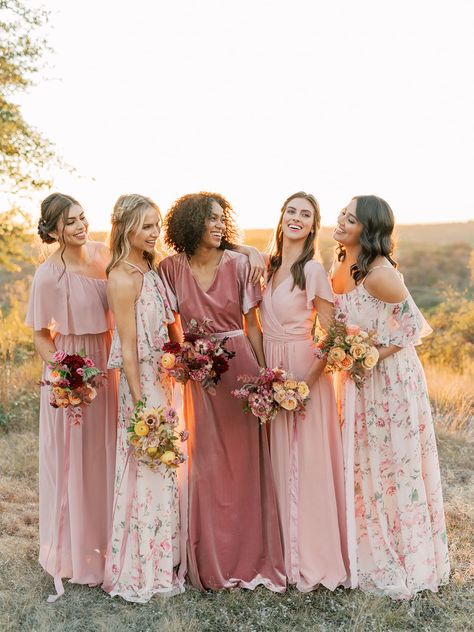 Bridal Style: Revelry’s New, Dreamy Floral Print Bridesmaid Collection is Designed to Mix and Match Mix Match Bridesmaids, Women Standing, Summer Bridesmaid Dresses, Bridesmaid Dresses Boho, Floral Bridesmaid Dresses, Bridesmaid Colors, Bridesmaid Inspiration, Mismatched Bridesmaids, Floral Bridesmaid