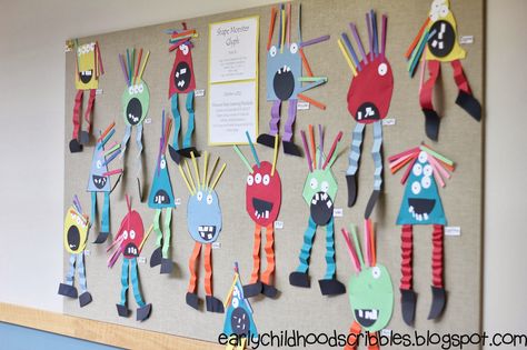 Monster Crafts For Kindergarten, Monster Craft Kindergarten, Monster Glyph Kindergarten, Preschool Monster Art, Name Monster Art Project, School Age Crafts, Monster Shapes, Maths Display, Kindergarten Projects