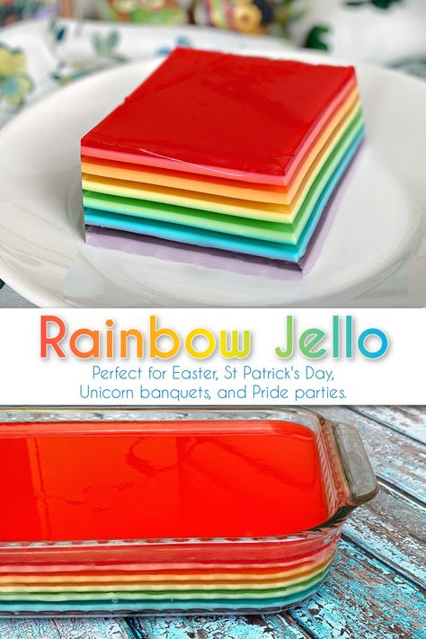 21 Layer Jello, Jello Rainbow Layers, Rainbow Jello Cake, Rainbow Layered Jello, Jello Layer Cake, Whipped Cream Jello Dessert, Tie Dye Desserts, Jello Recipes For Kids, Pride Party Food