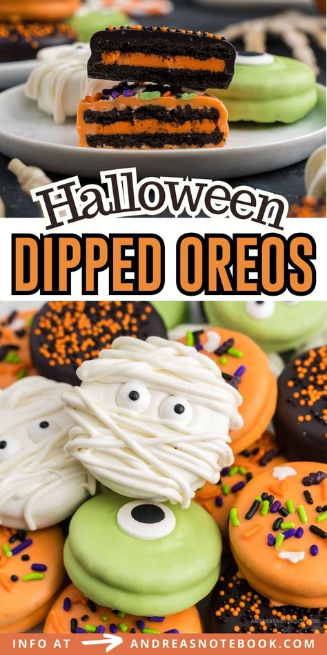 Get in the spooky spirit with these easy Halloween cookies! Dive into the world of Halloween dipped Oreos. Whether you're making a quirky mummy cookie or a fun monster cookie, these treats are a hit! Play around with green, orange, and purple cookies for a vibrant platter. Learn the ins and outs of chocolate dipped Oreos and master the art of how to dip Oreos for the ultimate Halloween delight! Halloween Theme Sweets, Monster Themed Food Ideas, Mummy Oreo Cookies, Adult Halloween Treats To Hand Out, Oreo Mummy Cookies, Halloween Treats Brownies, Halloween Covered Oreos, Halloween Oreo Desserts, Halloween Dipped Oreos