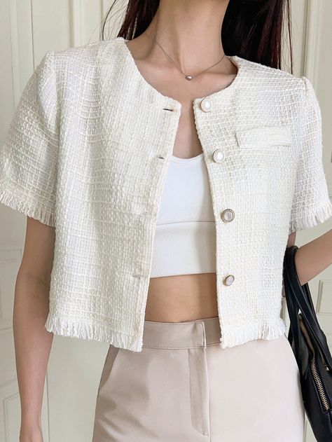 White Elegant Collar Short Sleeve Tweed Plain Top Embellished Non-Stretch  Women Tops, Blouses & Tee Tweed Top Outfit, Tweed Outfits, Tweed Blouse, Twist Blouse, Tweed Crop Top, Tweed Outfit, Tweed Top, Tweed Shorts, Crop Blazer