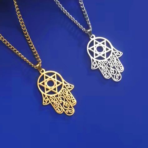 Hamsa Or Hand Of Fatima Combined With The Star Of David Necklace Many People Believe This Amulet Brings Good Luck And Success Material: Stainless Steel Or Stainless Steel With 18k Gold Plating Measurement: Pendant 1.5" H X 1" W Chain 23". See Pictures Select Size: Choose Gold Or Silver The Star Of David, Star Of David Necklace, Hand Of Fatima, Star Of David, The Star, Gold Plating, Good Luck, Womens Jewelry Necklace, Silver Gold