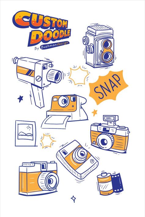 Vintage Cameras Drawing, Camera Drawing Sketches, Drawn Camera, Camera Doodle, Doodle Illustrations, Custom Car Stickers, Custom Wall Stickers, Doodle Icons, Camera Illustration