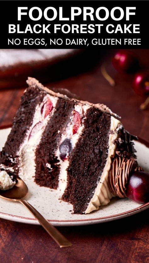 This vegan black forest cake is made with no eggs, no butter, and no milk. One bowl and 30 minutes! Vegan, gluten free. Vegan Black Forest, Cake No Eggs, Vegan Gluten Free Cake, Egg Free Cakes, Gluten Free Cake Recipe, Vegan Gluten Free Desserts, Vegan Cake Recipes, Vegan Bakery, Egg Free Recipes