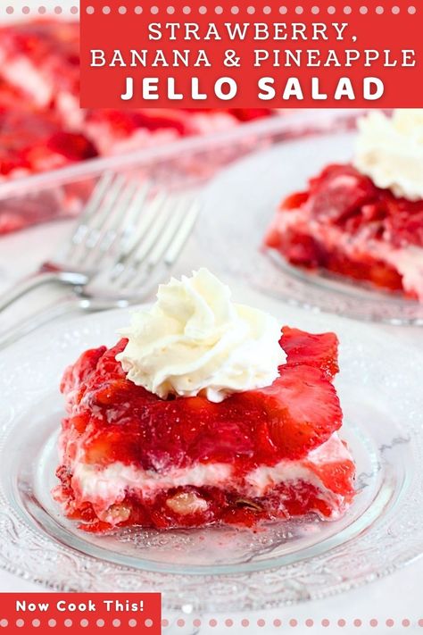 This easy strawberry jello salad with bananas, pineapple, pecans, and sour cream is a cool and refreshing no-bake dessert that's perfect for summer picnics, potlucks or any day. Also sometimes called "sinful salad," it's fruity, creamy, crunchy, perfectly sweet with a hint of tart, and tastes more indulgent than it is! Get the recipe and try it! Salad With Bananas, Pineapple Jello Salad, Banana Jello, Strawberry Jello Dessert, Strawberry Pretzel Jello Salad, Strawberry Jello Salad, Jello Fruit Salads, Banana Salad, Pineapple Jello