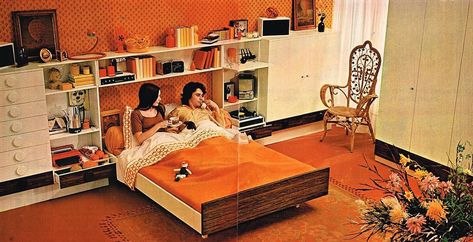 We’ve taken a look at the retro living room  and kitchen.  Now, let’s have a look at bygone boudoirs from around the 1970s.  Enjoy. Orange was big in the seventies.  If you doubt me, read A Clockwork Carpet. A happy 70s couple building their new bedroom.  It looks great… minus that cat statue. A wildly … Continue reading "That ’70s Bedroom" 70s Bedrooms, 70s Bedroom Ideas, Bedroom 70s, 1970s Bedroom, 70s Bedroom, 70s Room, 70s Interior, Cool Pics, Retro Bedrooms