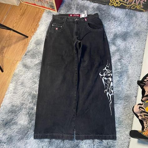 none Black Jnco Jeans Outfit, Loose Black Jeans Outfit, Graphic Trousers, Pants Inspiration, Graphic Jeans, Hip Hop Mode, Black Baggy Jeans, Goth Streetwear, Ropa Hip Hop