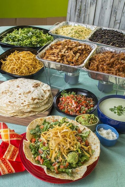 10 Crowd Pleasing Food Bar Ideas For A Party | The Unlikely Hostess Taco Event Ideas, Burrito Station Party, Mexican Food Party Buffet Taco Bar, Taco Bar Party Buffet Ideas, Burrito Bar Party Ideas, Mexican Bar For Party, Taco Fiesta Party Food, Taco Bar Bday Party, Fajita Table Set Up