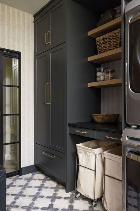 Granite Bay Laundry Room French Modern Laundry Room, Jean Stoffer Laundry Room, Built In Laundry Room Cabinets, Mudroom Laundry Room Stacked Washer Dryer, Laundry Mudroom Bathroom Combo, Laundry Baskets In Laundry Room, Iron Ore Laundry Room Cabinets, Laundry Room With Dark Cabinets, Dark Laundry Room Floor