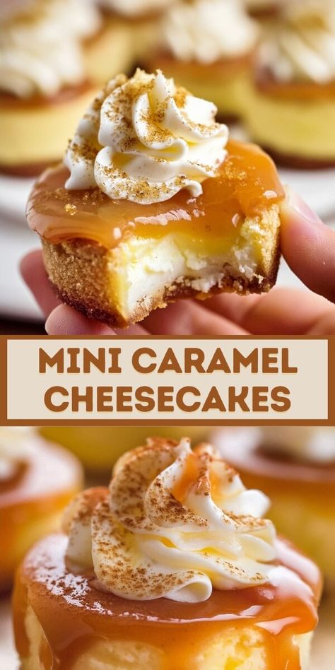 Mini Caramel Cheesecakes Mini Cheesecakes Caramel, Mini Caramel Cheesecake Recipes, Caramel Cheesecake Cupcakes, Caramel Mini Cheesecakes, Mini Cheesecakes For Thanksgiving, Easy Cheesecake Cups No Bake, No Bake Mini Cheesecake Bites, Cream Cheese Bites Desserts, Muffin Tin Cheesecake Recipes