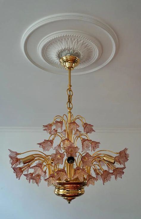 For Sale on 1stDibs - Elegant Italian brass and pink Murano glass chandelier. The light requires 12 single E14 screw fit lightbulbs (40 Watt max.) LED compatible. Measures: Celling Lamp Aesthetic, Chandelier Light Fixture, Pink Flower Chandelier, Bedroom Light Chandeliers, Small Chandelier Bedroom Girly, Italian Chandelier Vintage, Glass Flower Pendant Light, Antique Flower Lamp, Cute Chandelier For Bedroom