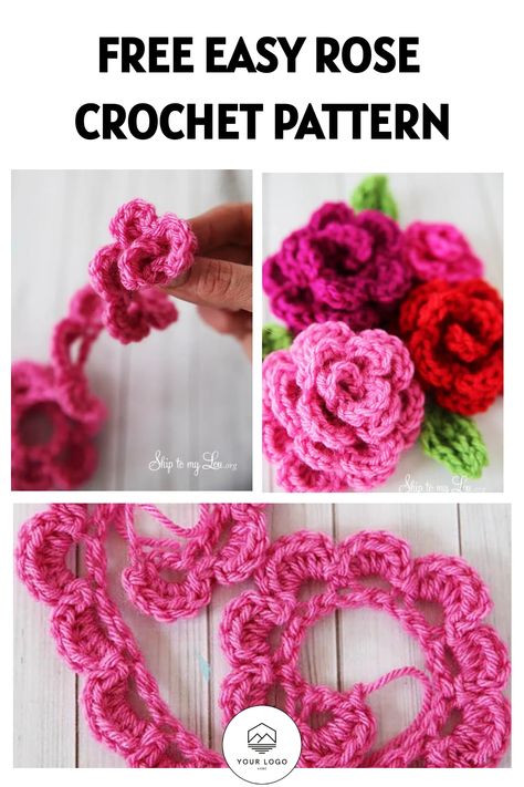 Free Crochet Rose Pattern Flower, Crochet A Rose Pattern, Crochet Red Flowers Free Pattern, Crochet Mini Roses Free Pattern, Rose Stitch Crochet, Crochet Flower With Stem Free Pattern, Crochet Rose Written Pattern Free, Free Crochet Patterns Flowers Easy, Flower Bouquet Free Crochet Pattern