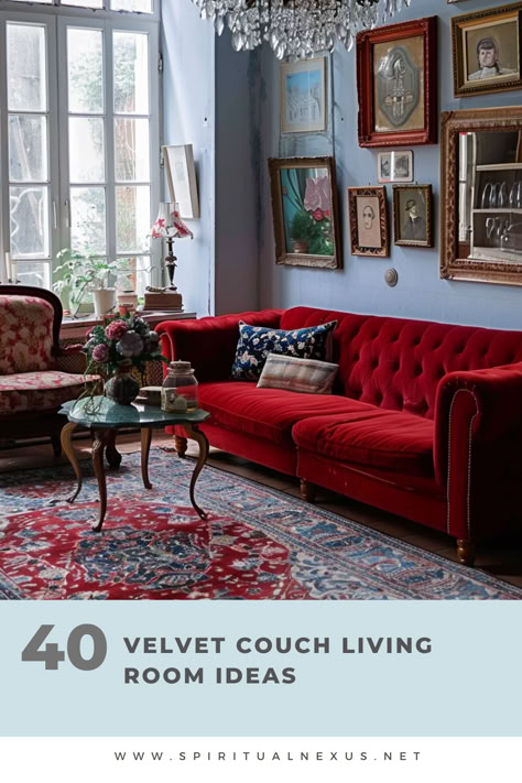 Get lost in these 40 dreamy velvet couch living room ideas. Perfect for creating a serene and stylish space. #DreamyLivingRoom #VelvetCouch #InteriorIdeas Red Couch Styling, Red Velvet Sofa Living Room Ideas, Red And Green Living Room Ideas, Red Leather Sofa Living Room Ideas, Red Sofa Living Room Color Schemes, Red Couch Living Room Ideas, Velvet Couch Living Room Ideas, Red Couch Decor, Ottawa House