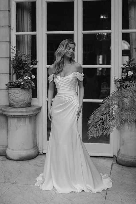 Degas Elegant Wedding Dress With Short Sleeves, Satin Wedding Dress With Removable Train, Sheath Wedding Dress Classic, Ivory Wedding Dress Simple, Satin Cap Sleeve Wedding Dress, Silk Wedding Dress Aesthetic, A Line Elegant Wedding Dress, Off Shoulder Simple Wedding Dress, Emily Wedding Dress