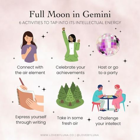 Love By Luna® on Instagram: "The full moon in Gemini is only two days away on Dec. 7th! The last full moon of 2022, happening in the chatty air sign of Gemini, ushers in a time of intellect, curiosity, and grants us the ability to speak with ease and comfort. As we get closer to a few of our winter major holidays, this full moon invites us to connect with friends and share gratitude, no matter your faith or culture. ⁠ ⁠ This is also an excellent time to pause and reflect on the things we have ac Gemini Full Moon Ritual, Full Moon Gemini, Gemini Full Moon, Full Moon In Gemini, December Full Moon, Moon Gemini, Moon In Gemini, Gemini Moon, Moon Activities