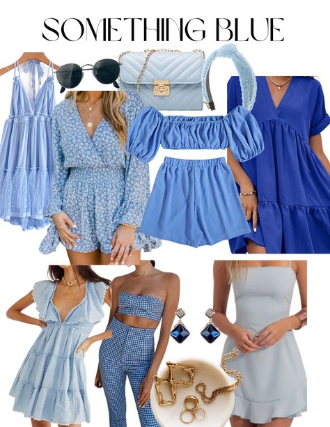 Brunch Bachelorette Party Outfit, Shades Of Blue Bachelorette Party, Blue Dresses Bachelorette, Something Blue Bachelorette Theme Outfits, Something Blue Outfit Ideas, Coastal Blue Outfits, Blue And White Bachelorette Outfits, Blue Outfit Bachelorette, Blue Themed Party Outfit