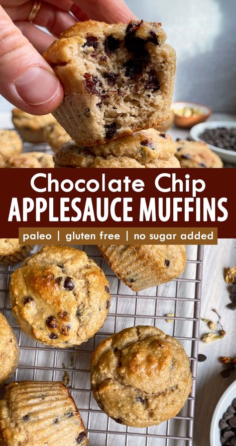 These healthy chocolate chip applesauce muffins are a great kid friendly breakfast treat or after school snack. They're made with almond flour and only sweetened with applesauce (no sugar added). This applesauce muffin recipe is gluten free, dairy free and paleo friendly. Sugar Free Snacks For Kids, Kid Friendly Breakfast, Gluten Free Chocolate Chip Muffins, Recipe Using Applesauce, Applesauce Muffin Recipe, Baking With Applesauce, Muffins Gluten Free, Inflammation Recipes, Almond Flour Muffins