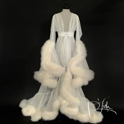 Fancy Robes, Wedding Nightgown, Long Bridal Robe, Fairy Tail Wedding, Feather Gown, Night Gown Dress, Robe Wedding, Luxury Loungewear, Bridal Robe