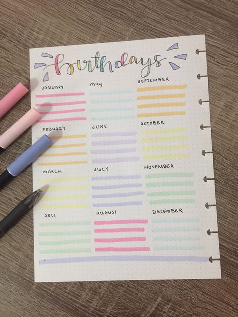 Bujo Birthdays Page, Birthday Planner Ideas, Diy Yearly Planner, Birthdays Journal Page, 2024 Journal Planner, Birthday Dairy Ideas, Birthday List Journal, Goal Page Bullet Journal, Birthday Diary Ideas