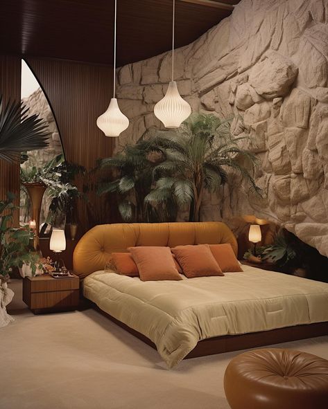 1970s Palm Springs luxury 🧡🌴 • • • • (AI images — MJ 5.2) #70sinterior #1970sinterior #70saesthetic #1970s #70svibes #70snostalgia #70sdecor #70s #vintage #interiordesign #homedecor #luxuryhomes 70s Home Aesthetic Modern, 70s Mountain House, Vintage 70s Interior Design, 70s Style Bed Frame, Los Angeles Bedroom Aesthetic, 70s Modern Bedroom, Green 70s Bedroom, Vintage Bed Ideas, Diy 70s Decor