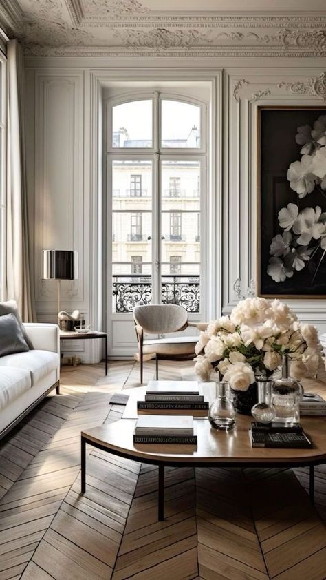 Montreal Interior Design, Haussmann Interior Paris Apartments, Fireplace Surrounded By Windows, Classic Parisian Interior, Interior Design Parisian Style, Haussmann Interior, Modern Parisian Interior, Lux Apartment, Paris Apartment Interiors