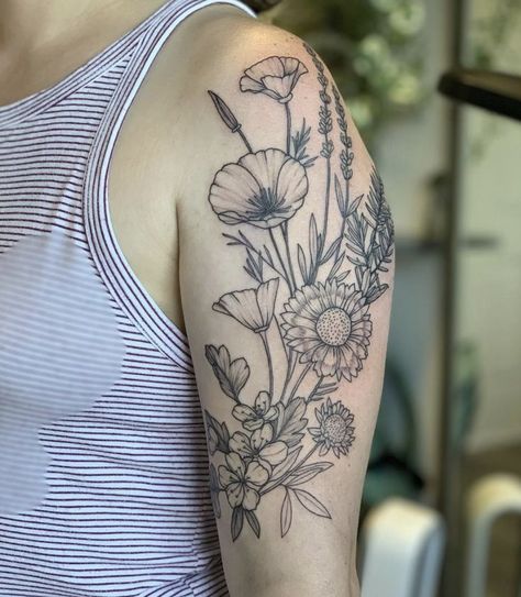 Flower Tattoo Designs Half Sleeve, Types Of Floral Tattoos, Lily And Wildflower Tattoo, What Goes With Flower Tattoos, Quarter Sleeve Flower Tattoo, Fine Line Floral Tattoo Upper Arm, Vintage Flower Tattoo Sleeve, Old Fashion Flower Tattoo, Large Wildflower Tattoo