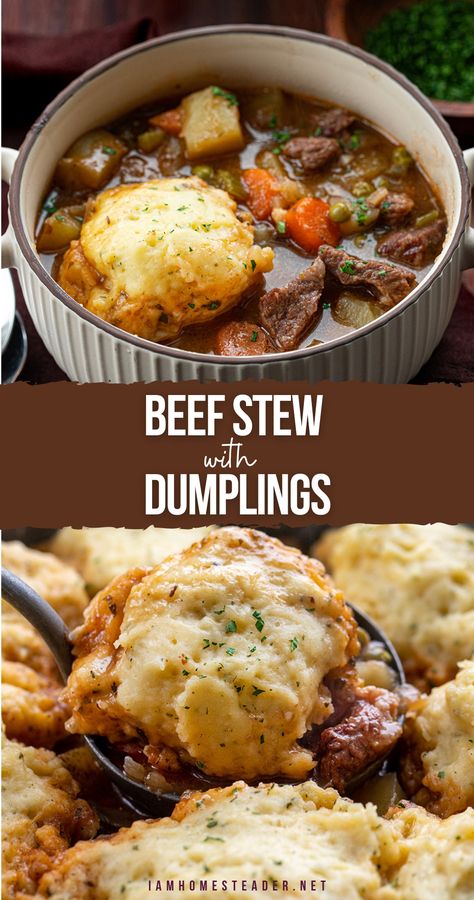 A large bowl of beef stew with a dumpling on top.  A close up image of a dumpling being scooped out of the pot with a large soup ladle. Beef Stew And Dumplings, Stew With Dumplings, Beef Stew With Dumplings, Fluffy Dumplings, Stew And Dumplings, Hearty Beef Stew, Stew Meat Recipes, Homemade Dumplings, Beef Stew Crockpot