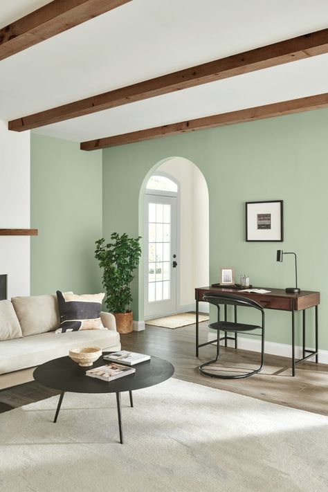 Balance, Breathe & Center With Living Well™ | Tinted by Sherwin-Williams Home Wall Colour, Light Green Walls, Cat Tembok, Living Room Wall Color, Room Wall Colors, Japandi Design, Green Paint Colors, Colored Ceiling, Green Walls