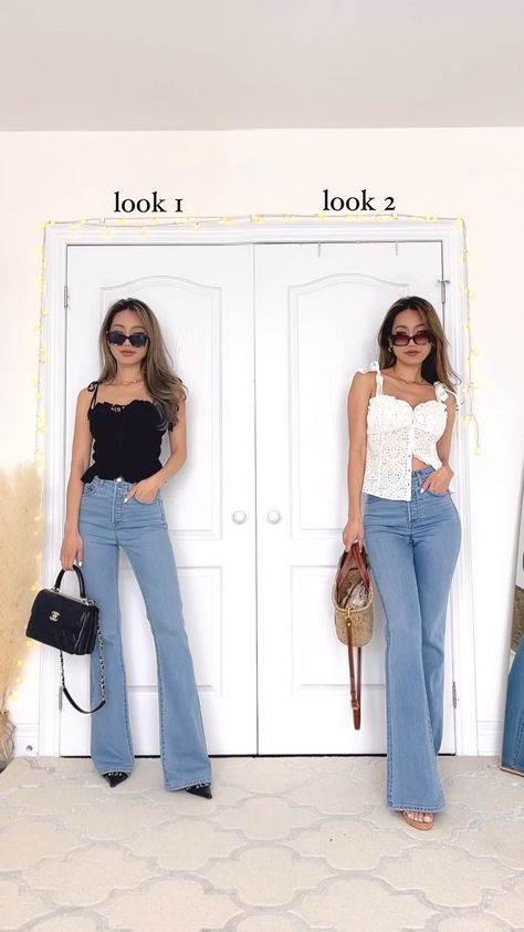 style flare jeans with me! WHICH LOOK is u? 💙🫶🏻 #summeroutfits #flarejeans #outfitinspo #fashioninspo #styleinspo… The post style flare jeans with me! WHICH LOOK is u? appeared first on Kerina Mango. Bodysuit And Flare Jeans, Jeans And Flip Flops Outfit, Flare Jeans Outfit Summer, Jean Sandals Outfit, Flared Jeans Outfit Summer, Outfit With Flare Jeans, Outfits With Flares, Kerina Wang, Flare Jean Outfit