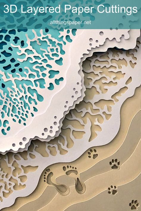 beach scene layered paper cutting with waves breaking at shore and footprints and dog pawprints in the sand Paper Cutout Effect, Woodworking Templates, Cut Paper Illustration, Arte Quilling, Laser Cut Decor, Papercut Art, Laser Cut Paper, Paper Art Sculpture, Cut Out Art