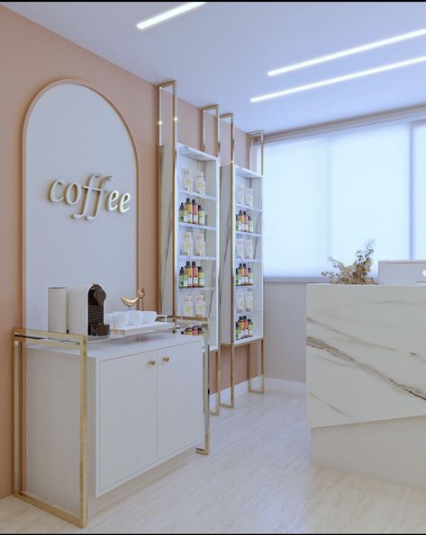 Salon Mini Bar Ideas, Spa Cafe Design, White And Gold Salon Suite, Coffee Bar In Salon, Two Station Salon Suite, Spa Wall Decor Ideas, Old House Turned Into Salon, Classy Salon Decor Interior Design, Supplement Display Ideas