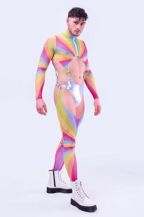 Lovely an oversized it’s cool to the feel and the quality is amazing Men Bodysuit, Gay Costume, Rainbow Bodysuit, Rave Bodysuit, Holographic Fabric, Gay Outfit, Gay Fashion, Pride Outfit, Saturated Color