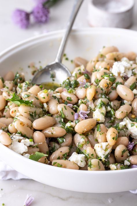 White Bean Arugula Salad, Lemon White Bean Salad, Feta Bean Salad, Sauteed White Beans, Refreshing Vegetarian Meals, White Bean Salad Dressing, Lemon Bean Salad, Dairy Free Greek Salad, Easy Meditterean Diet Meals