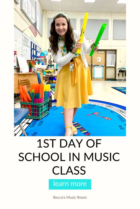 How To Teach Elementary Music On The First Day Of School - Becca's Music Room First Day Music Class Elementary, Kindergarten Music Class Ideas, Teaching Elementary Music, First Day Of Music Class Elementary, Elementary Music Room Decor, Elementary Music Classroom Setup, Music Class Ideas, Music Classroom Ideas, Elementary Music Classroom Decor