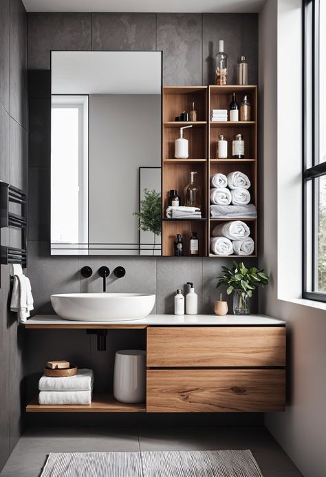 Bathroom Smart Ideas, New House Room Ideas, Bathroom Interior Inspiration, Bathroom Inspiration Aesthetic, Bathroom Sink Design Ideas, Bathroom Styling Ideas Decor, Brown Black And White Bathroom, One Sink Bathroom Ideas, Room Black And White Aesthetic