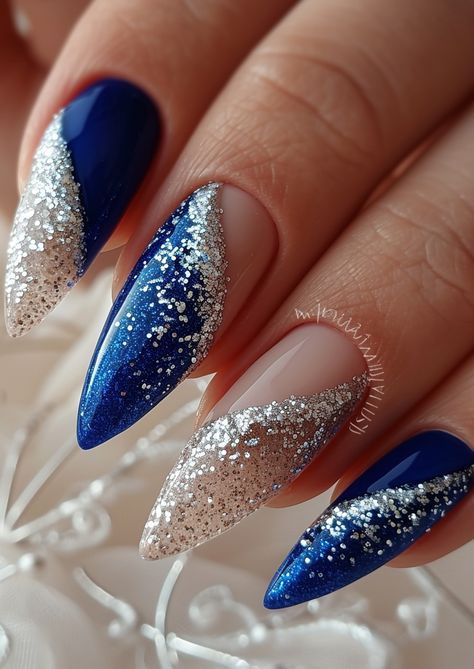 Royal Blue Nails Designs For Prom, Blue Nails With Silver Design, Royal Blue Silver Nails, Blue Nails For Wedding, Royal Blue Almond Nails Design, Royal Blue Stiletto Nails, Royal Blue Nails Ideas, Royal Blue Ombre Nails, Royal Blue Nails For Prom