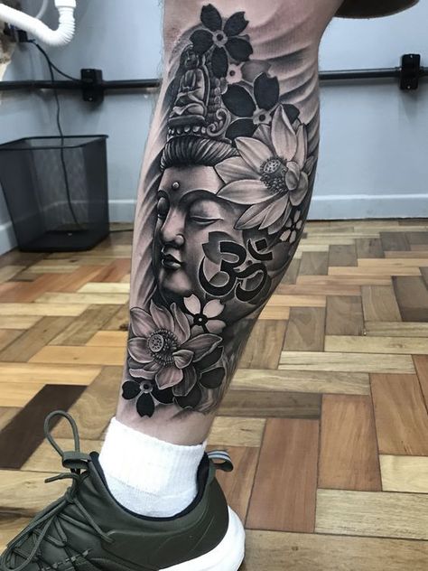 Surprise everyone with a chic tattoo on your leg! We've collected 50+ of the most unique and trendy male leg tattoo ideas and divided them into 9 groups. Buddha Tattoo Forearm, Buddha Tattoo Men, Buddhist Tattoo Sleeve, Tato Geisha, Tattoo Japonais, Buddha Tattoo Sleeve, Leg Tattoos For Men, Buda Tattoo, Calf Tattoo Men