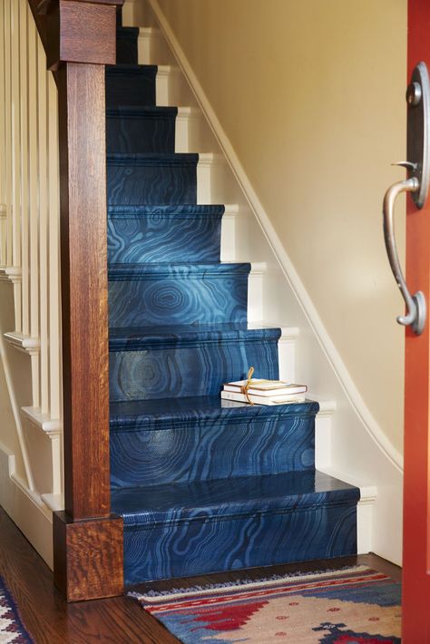 Narrow stairs are painted in a blue faux marble pattern Stairs Indoor, Back Stairs, Black Staircase, Green Grey Paint, Painted Staircases, Indoor Ideas, London Townhouse, Stairway Design, Yellow Marble